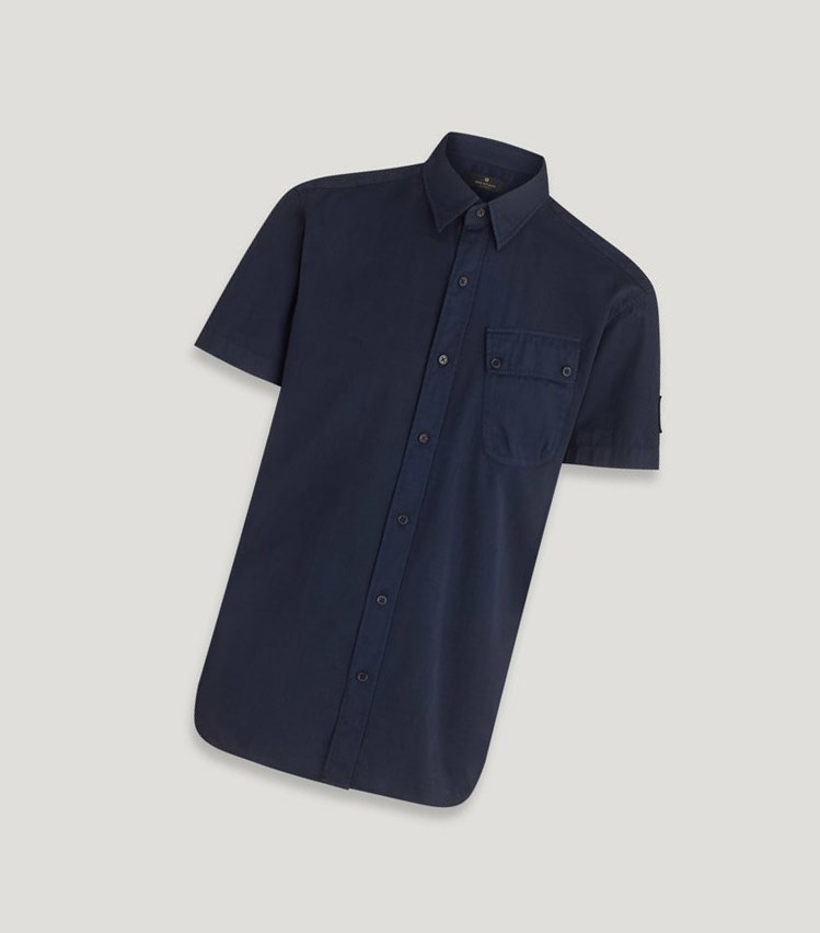 Navy Men's Belstaff Pitch Short Sleeved Shirts | 7802536-OC - Click Image to Close